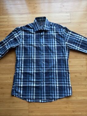 Men's M 33/40 Navy & Light Blue Plaid Dress Shirt Tailored Button-Up Seven Seas
